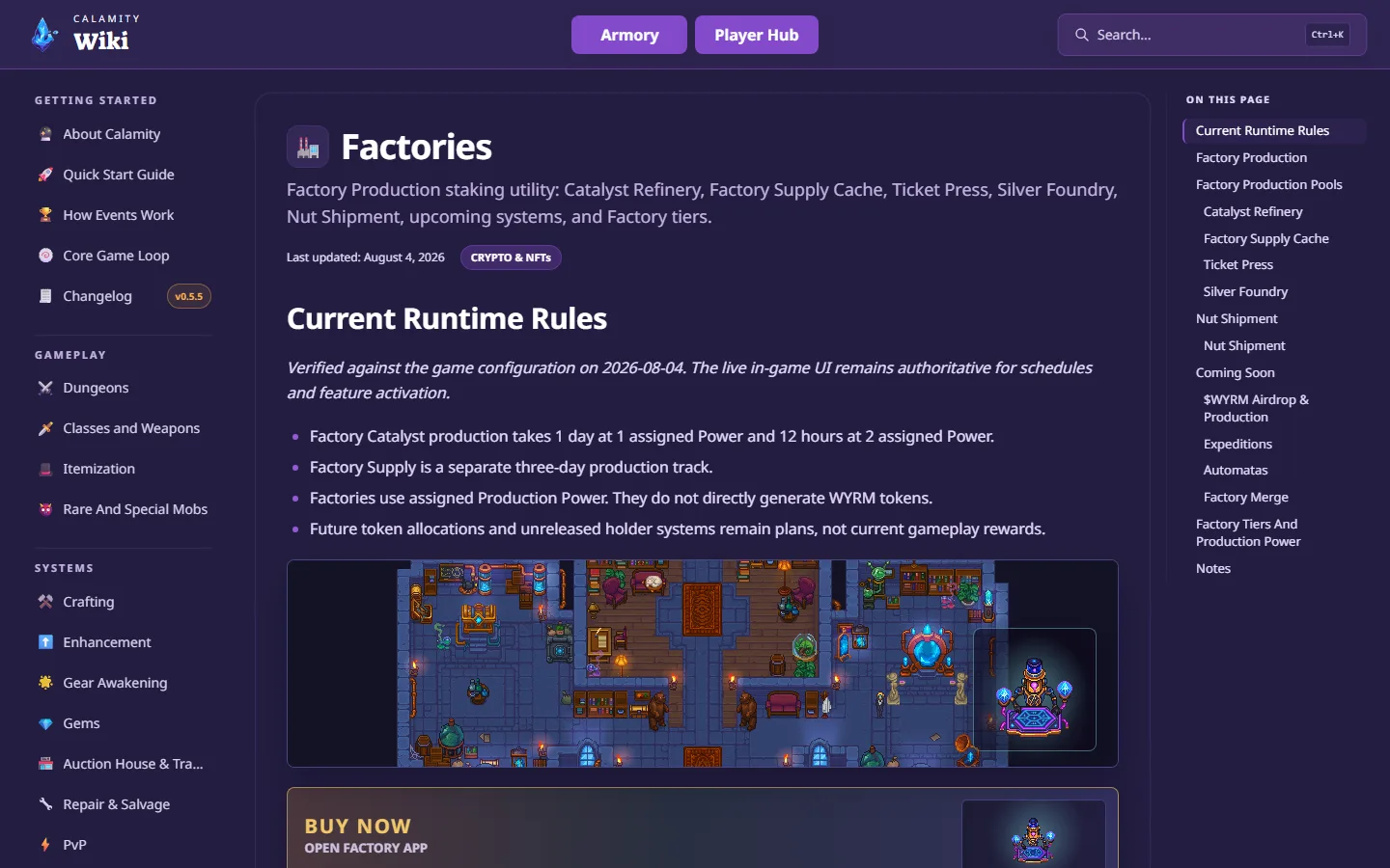 Published Calamity Wiki page showing factory rules, navigation and game artwork